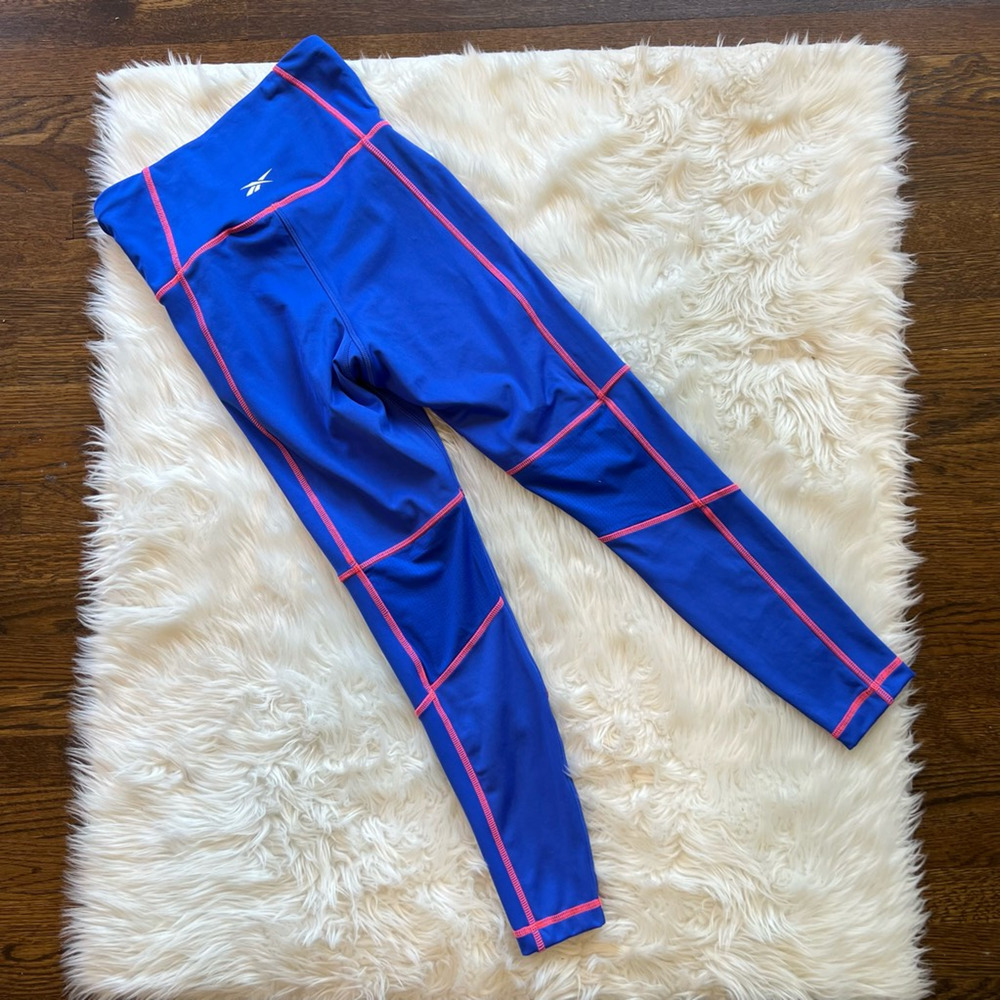 Reebok Womens WOR Detail HRT Leggings Blue High Rise Speedwick Full Length S New - Picture 2 of 9